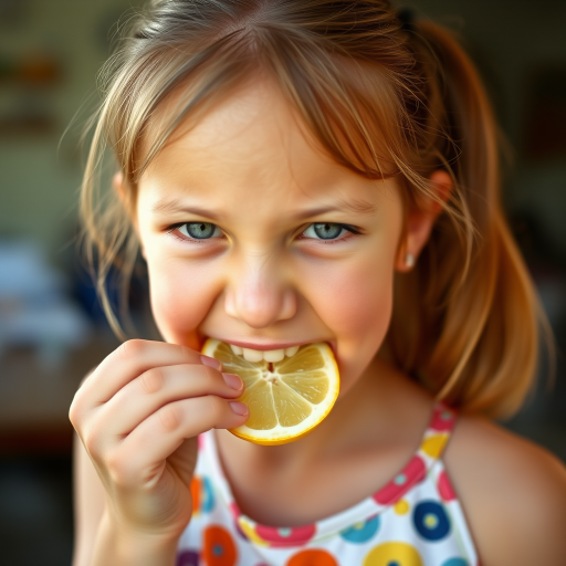 A candid photograph of a young girl biting into a slice of lemon. Her face is scrunched up from the sour taste, capturing a moment of surprise and playfulness. She has light brown hair, tied back in a ponytail, and wears a casual, colorful top. The background is softly blurred, keeping focus on her expression and the lemon slice. Natural lighting illuminates her face, highlighting her reaction with a soft, warm tone. The image has a bright and cheerful atmosphere, with a high contrast. The photo was captured with a 50mm lens and shot on Kodak Portra 160 film.