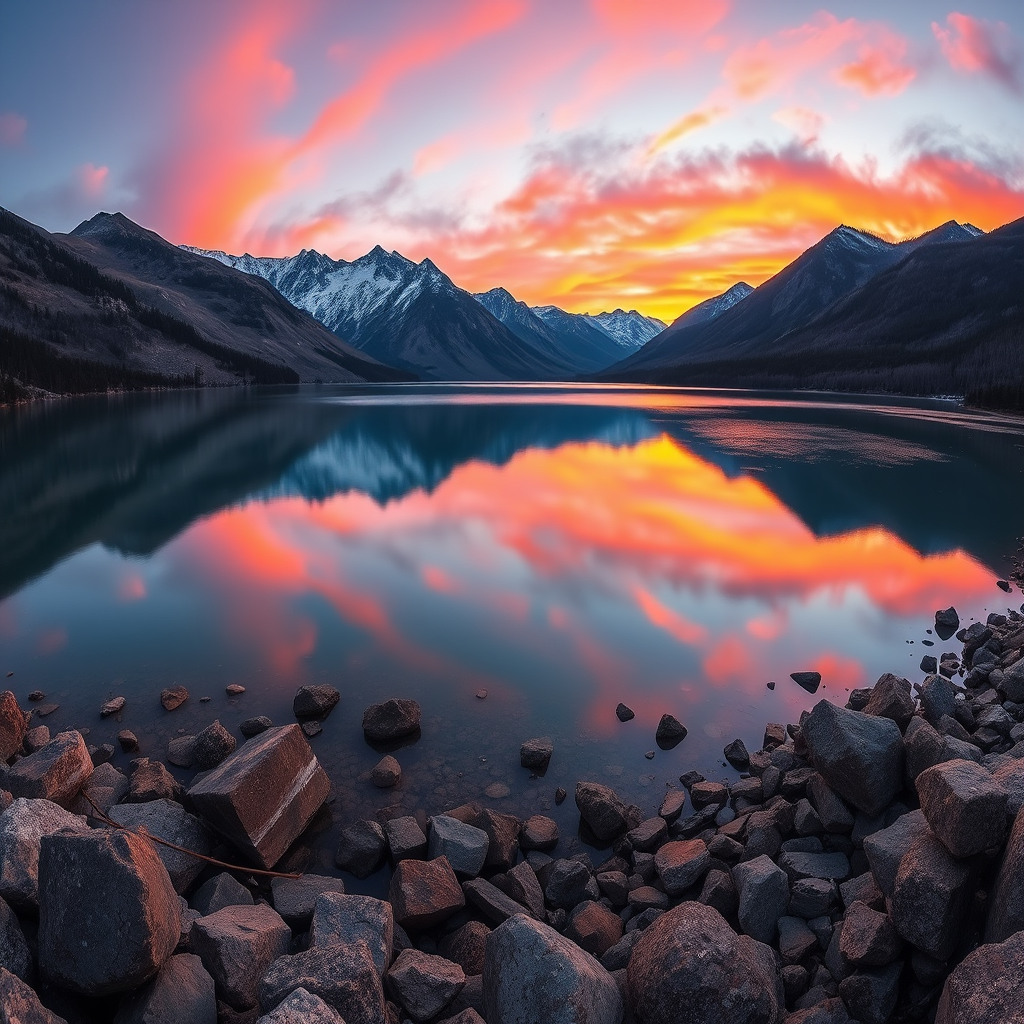 Generate a high-resolution image of a serene lake surrounded by mountains at sunset with vibrant colors and reflections on the water, using a Canon EOS-5D Mark IV, 24mm f/1.4 lens, aperture set to f/8, ISO 100, with a panoramic view and HDR photography style.