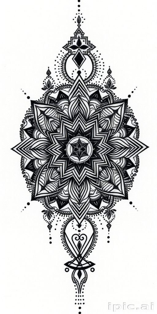 Blackwork sacred geometry tattoo featuring intricate mandala patterns and mystical symbols, gradually fading from solid black to delicate dotwork for a mesmerizing visual effect