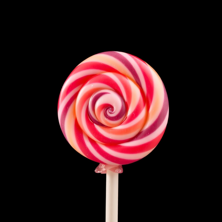 Create a vibrant illustration of a lollipop against a black background with a focus on glossy textures and detailed colors, using a DSLR camera with a 50mm lens, aperture set to f/2.8 for a shallow depth of field, shooting in macro style to capture fine details and enhance overall image quality.