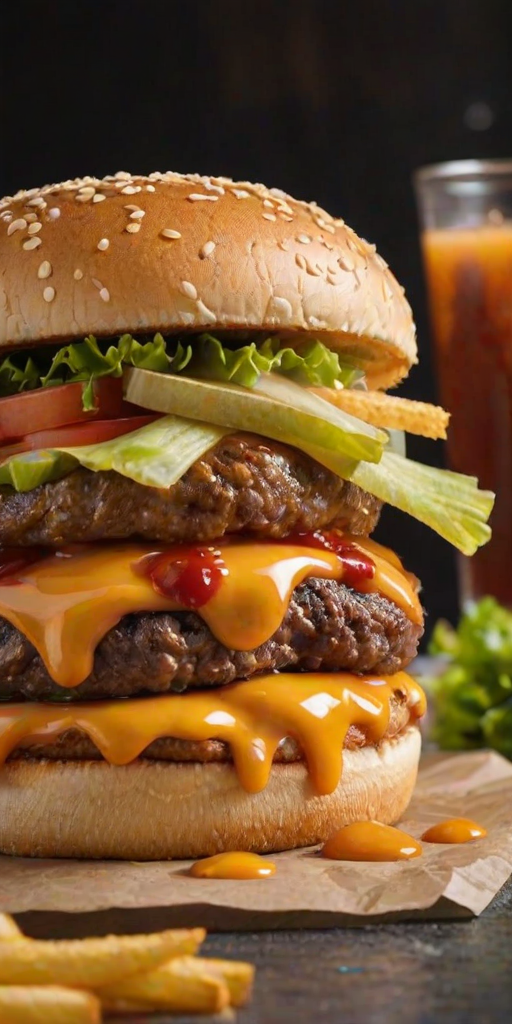 High-resolution, close-up image of a gourmet double cheeseburger. The burger features a glossy, sesame-seed-topped brioche bun. Inside, there are two thick, juicy beef patties, each topped with melted cheddar cheese. The burger is garnished with fresh lettuce, tomato slices, diced onions, and pickles. A generous amount of ketchup and a creamy, orange-colored sauce is dripping down the sides, adding to the mouth-watering appeal. In the background, there are blurred elements including a side of golden French fries and a hint of a beverage, enhancing the overall presentation of a delicious meal.