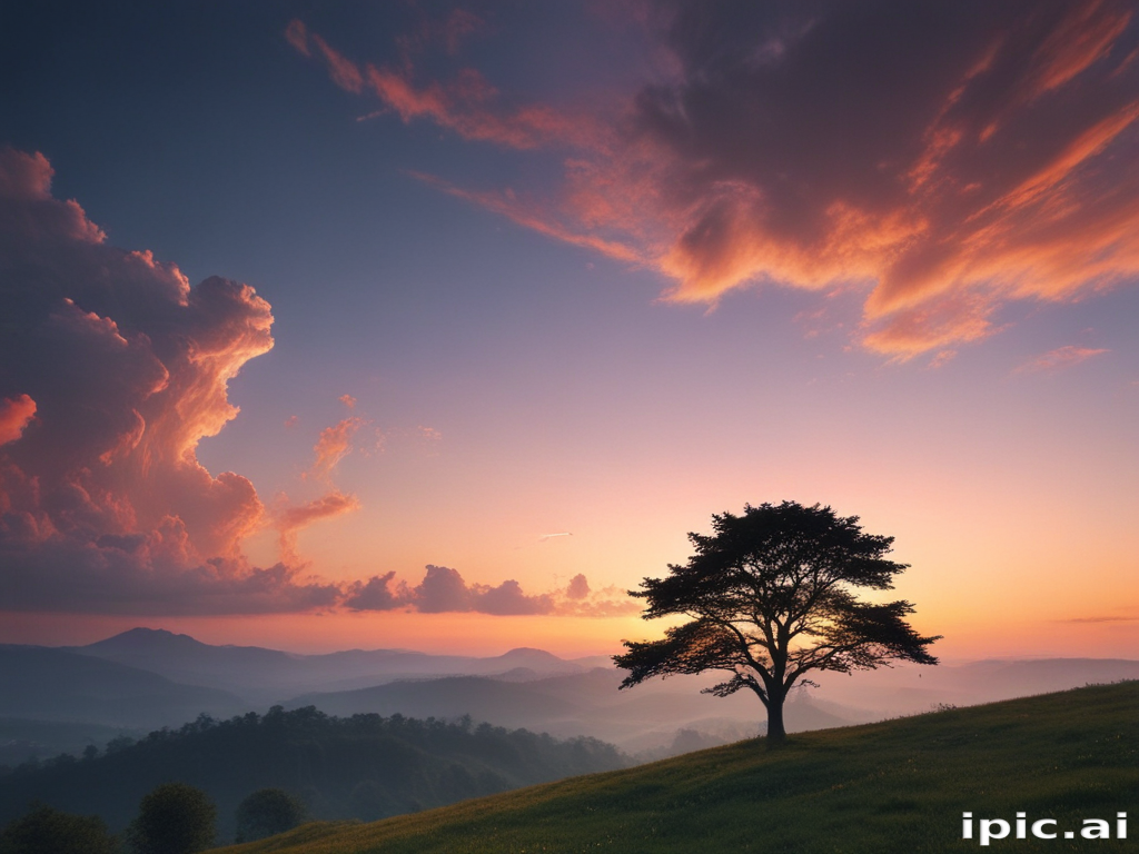 Majestic Sunset Overrolling Hills with a Solitary Tree Silhouette