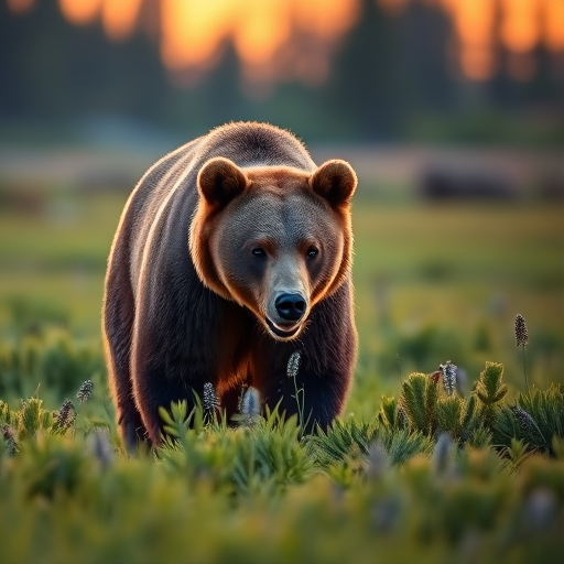 Capture a close-up shot of a grizzly bear walking through a lush green field during golden hour with soft focus background, using a DSLR camera with a 70-200mm lens at f/4, ISO 200, and shutter speed of 1/500 seconds.