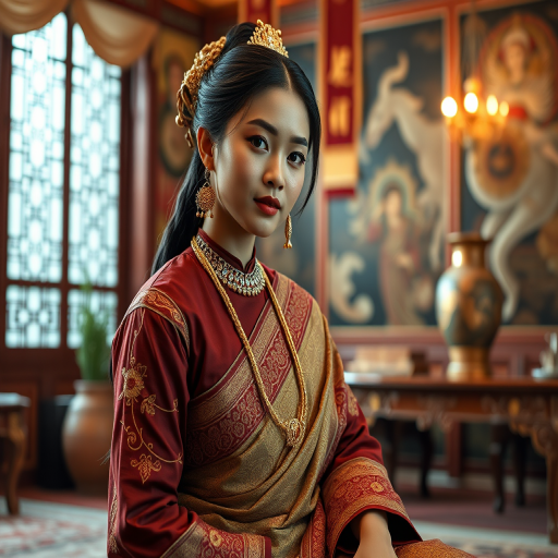 A beautiful Nepali woman in traditional East Asian attire, intricately detailed with embroidered patterns, sitting gracefully in a richly decorated room, soft ambient lighting, serene and elegant, ultra-realistic, 8K resolution