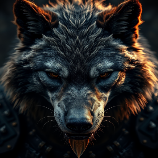 regenerate a fierce werewolf portrait with intricate armor details, dramatic lighting highlighting the fur texture, depth of field for a blurred background, shot with a DSLR camera at 50mm, f/1.8 aperture, ISO 100, in a low light setting for enhanced contrast and clarity