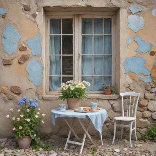 Create an amazing realistic watercolor image, The background is a crumbling wall beige and pale blue with the old wooden window. front of the wall has an old white table with two chairs. The soil is stones. Both of side of the image amazing flowers visible.