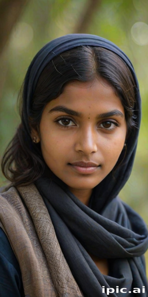 Create a portrait of a young Sri Lankan woman with long, dark hair and captivating hazel eyes. She is wearing a dark headscarf and a matching scarf draped gracefully around her neck. The background is softly blurred, focusing attention on her serene and natural expression. The overall color palette is muted and warm, enhancing the intimate and authentic feel of the portrait.