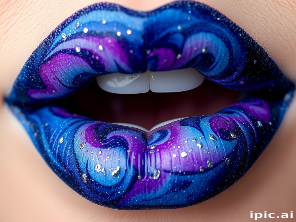 Enchanting galaxy lips swirling with deep blues, purples, and hints of silver glitter, mimicking the vast expanse of the cosmos on a miniature scale