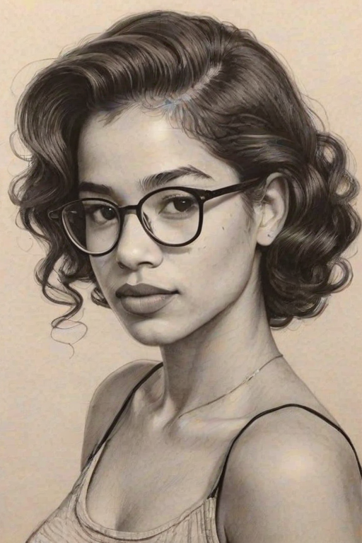 Fetching Jasmin Savoy Brown, pencil sketch, portrait of Charming woman 1958s in glasses, hair style beatnik, outline, clear lines, fine lines, 8k
