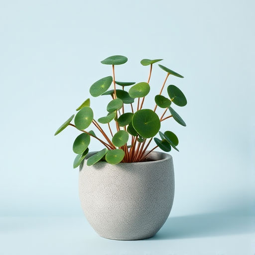 create a high-resolution image of a potted plant with round green leaves in a textured gray pot, set against a soft pastel blue background, using a DSLR camera with a 50mm lens, aperture f/2.8, shutter speed 1/60 sec, and ISO 100 for enhanced depth of field and clarity, natural lighting for soft shadows