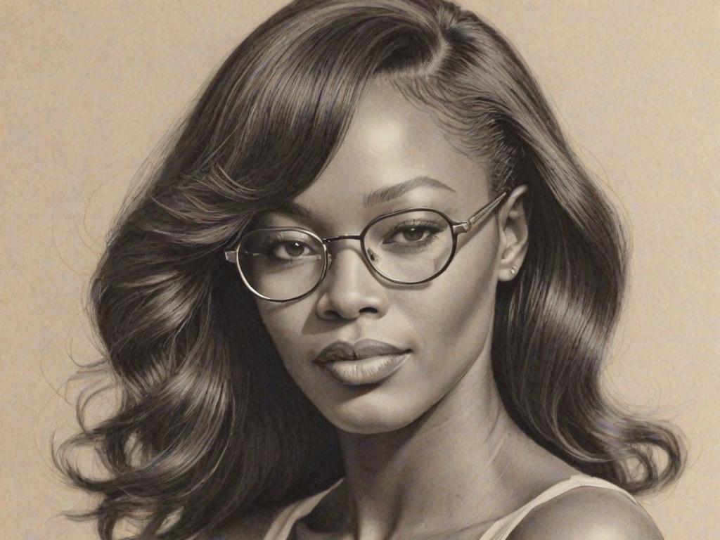 Enchanting Naomi Campbell, pencil sketch, portrait of Graceful woman 1946s in glasses, hair style beatnik, outline, clear lines, fine lines, 8k
