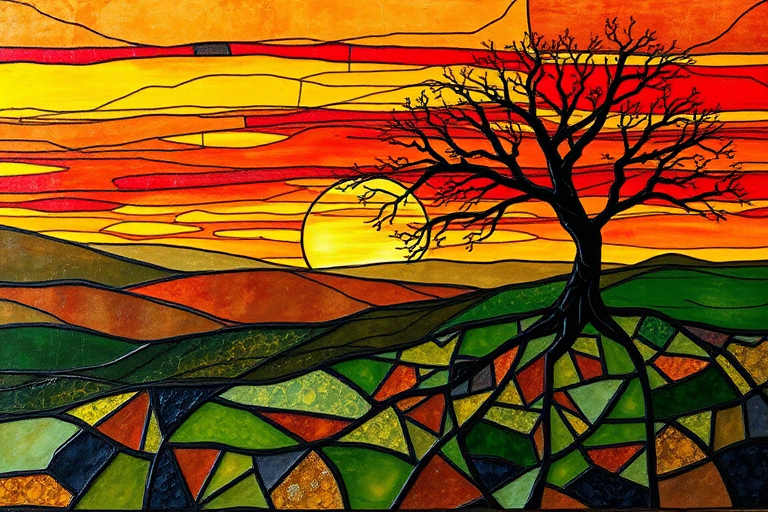 A vibrant abstract painting on Tiffany Glass, blending acrylic and alcohol ink techniques, captures a dramatic sunset over rolling hills. The artwork features a textured, rocky foreground in green and brown, layered abstract hills, and a striking sunset in rich oranges, yellows, and reds. A solitary black tree with intricate branches contrasts against the fiery sky, creating a dynamic and expressive portrayal of a breathtaking natural scene.