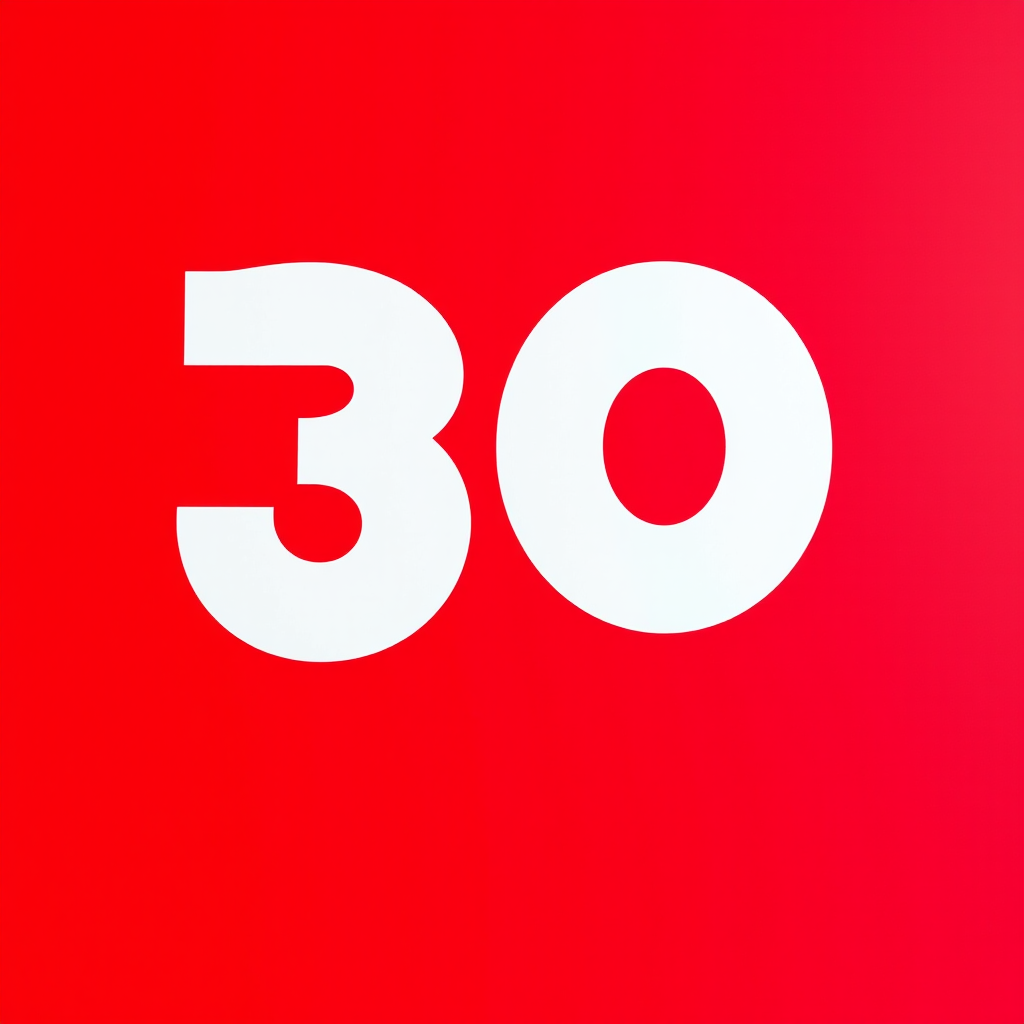 Create an image of a large bold number 38 on a bright red background with sharp focus, using a DSLR camera with an aperture of f/8, ISO 100, and a 50mm lens, capturing a straight-on view with vibrant colors and high contrast.