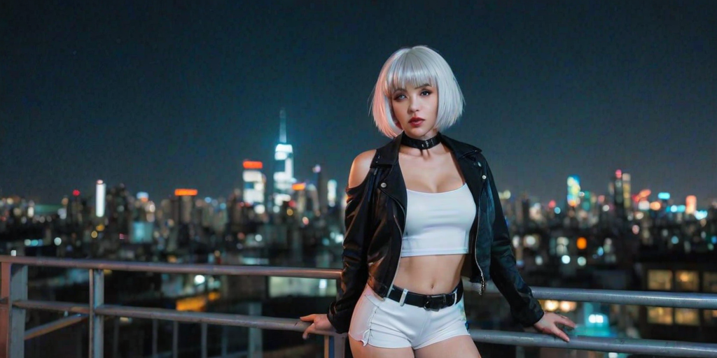 best quality, beautiful lighting, lucy, 1girl, white hair, against railing, arm rest, bangs, bare shoulders, belt, black belt, black leotard, black pants, blurry, bob cut, breasts, building, cityscape, clothing cutout, (cropped jacket), cyberpunk, depth of field, from side, gradient eyes, grey eyes, grey hair, white jacket, leotard, lips, long sleeves, looking afar, looking ahead, (mechanical parts), medium breasts, multicolored eyes, multicolored hair, night, night sky, off shoulder, open clothes, open jacket, outdoors, pants, parted lips, railing, red eyeliner, science fiction, short hair with long locks, short shorts, shorts, sidelocks, sky, solo, standing, teeth, thigh cutout, upper teeth only, white jacket, white shorts, cyberpunk  cyberpunk edgerunners, RAW photo, 8k uhd, film grain, cosplay, white wig, night, neon lights