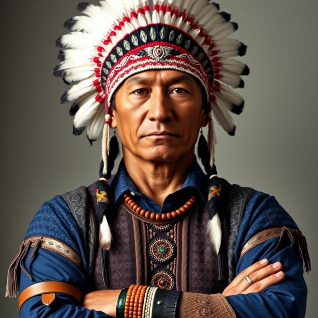 Create a dignified portrait of a Native American man dressed in traditional attire. He wears a beautifully crafted headdress adorned with white feathers and red beads, along with a beaded headband featuring intricate patterns. His clothing includes a deep blue, patterned shirt and a traditional chest piece with detailed beadwork. His arms are crossed, displaying leather armbands decorated with feathers. The background is simple and neutral, emphasizing his proud and stoic expression. The overall image captures the rich cultural heritage and strength of his persona.