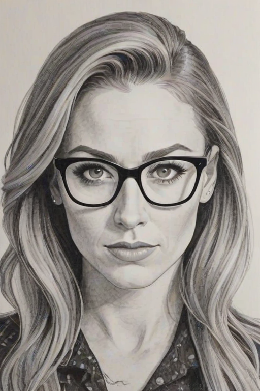 Attractive Becky Lynch, pencil sketch, portrait of Fetching woman 1948s in glasses, hair style beatnik, outline, clear lines, fine lines, 8k