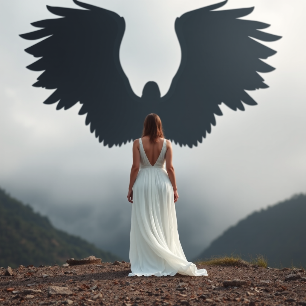 Create an ethereal scene of a woman in a flowing white dress standing before a large, artistic angel silhouette with detailed black wings on a misty mountain backdrop, with soft natural lighting, using a DSLR camera with a 50mm lens, aperture set to f/1.8, ISO 200, shooting from a low angle for dramatic perspective.