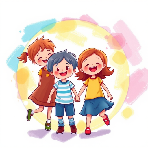 Create a vibrant circular illustration of children holding hands, smiling, and playing together, using a digital art style, with high resolution, Canon EOS R5, 50mm lens, f/1.8 aperture, ISO 100, and bright, colorful background.