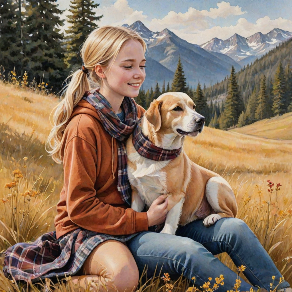 A detailed watercolor and acrylic illustration showing a heartwarming scene between a young blonde girl in pigtails and a Bearnaise Mountain dog. The girl, dressed in a rust hoodie, jeans, and a plaid scarf, gently rests her hand on the dog’s head. The dog, with black, copper, and white fur, sits beside her, tilting its head in affection. They sit on golden grass with wildflowers, against a sunny fall background. The artwork focuses on realistic textures and the tender bond between them.