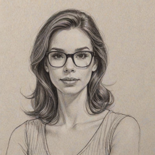 Delightful Christy Carlson Romano, pencil sketch, portrait of Enchanting woman 1963s in glasses, hair style beatnik, outline, clear lines, fine lines, 8k