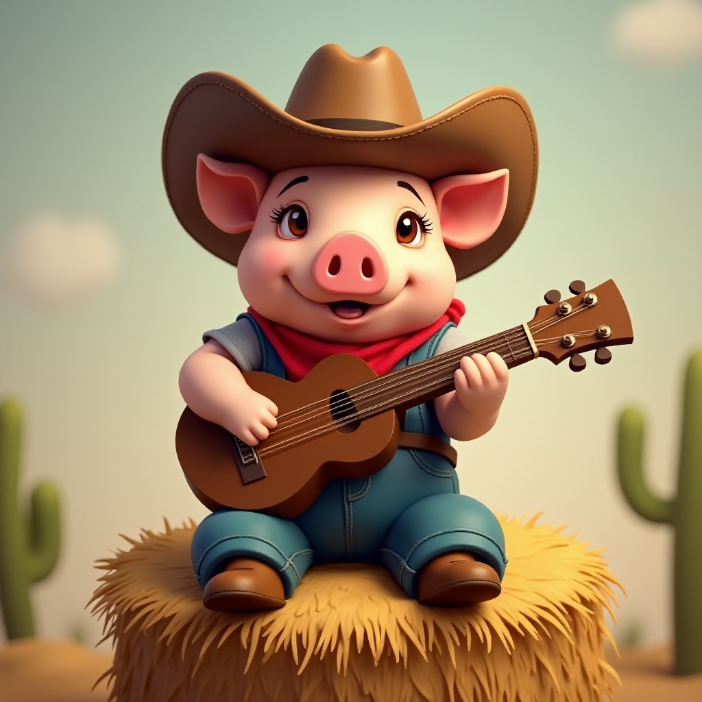 A chibi pig, dressed as a cowboy, playing guitar, sitting on a hay bale