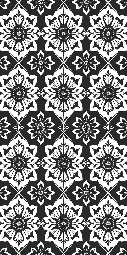 Create a seamless pattern featuring intricate diamond shapes with floral designs in a monochromatic color scheme, captured with a Canon EOS R5 camera at f/8, ISO 100, 50mm lens in a top-down view for clarity and detail.