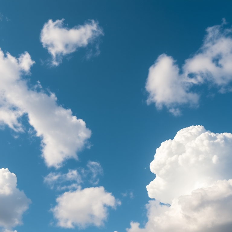 Generate a detailed image of fluffy clouds in a blue sky with a Canon EOS R5, 50mm lens, aperture f/2.8, ISO 100, shot from a low angle to capture depth and clarity.