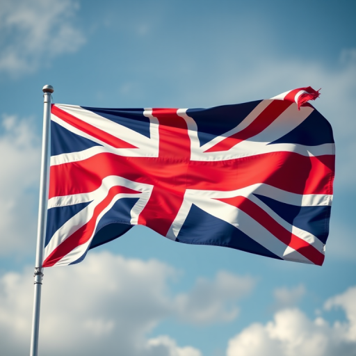Create a high-resolution digital illustration of the Union Jack flag waving in the wind, captured with a Canon EOS R5 at f/8, ISO 100, 50mm lens, with a vibrant color palette and soft focus background to enhance the flag's details.