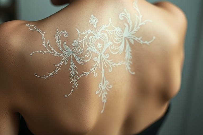White ink tattoo dubbed "Ethereal Whisper" creating subtle designs that appear as raised scars or delicate lace-like patterns against the skin
