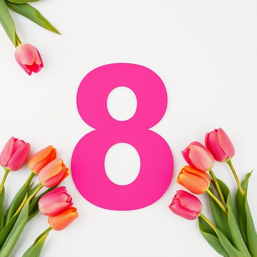 regenerate an image of a large number 8 in hot pink with vibrant tulips in various shades of pink and orange creatively arranged around it, using a DSLR camera with a 50mm lens at f/2.8, at a shallow depth of field, soft natural lighting, and a clean white background for enhanced clarity and color contrast