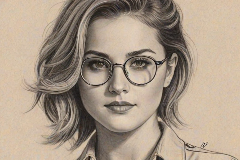 Attractive Scout Taylor-Compton, pencil sketch, portrait of Fascinating woman 1945s in glasses, hair style beatnik, outline, clear lines, fine lines, 8k