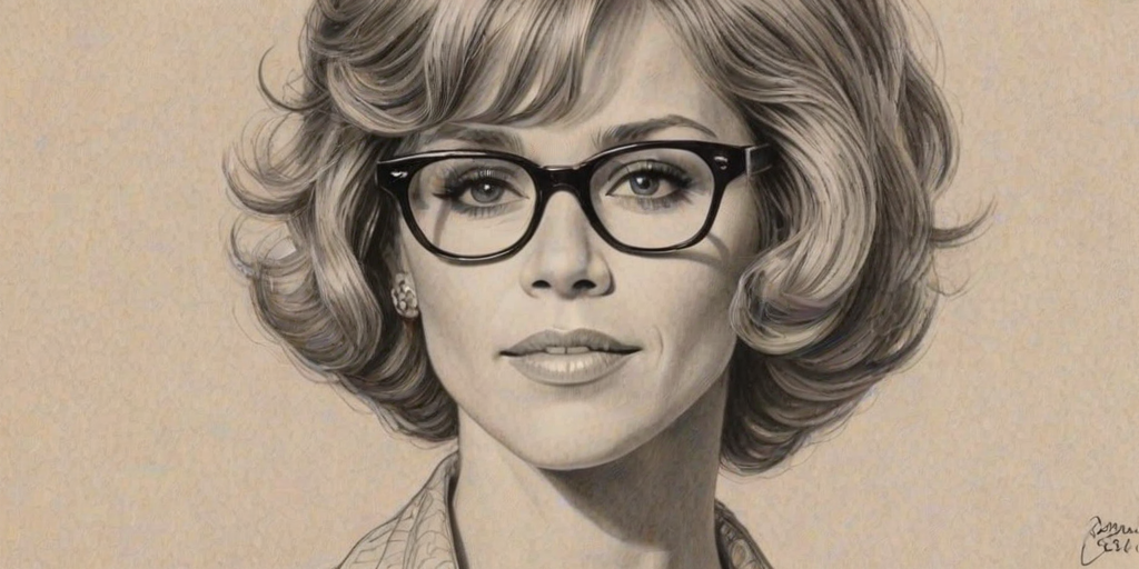 Exquisite Jane Fonda, pencil sketch, portrait of Delightful woman 1925s in glasses, hair style beatnik, outline, clear lines, fine lines, 8k