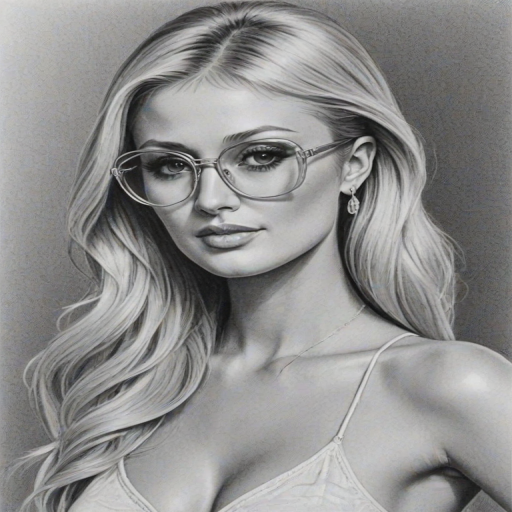 Sublime Paris Hilton, pencil sketch, portrait of Superb woman 1969s in glasses, hair style beatnik, outline, clear lines, fine lines, 8k