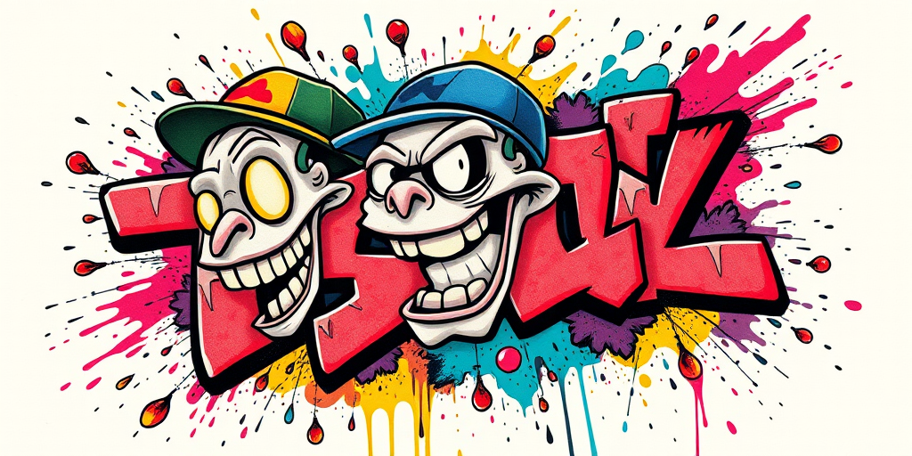 New school graffiti tattoo with bold, cartoonish characters and vibrant color splashes, incorporating elements of street art and pop surrealism for a dynamic and playful design