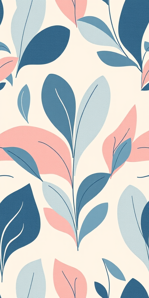 Create a seamless pattern of abstract botanical shapes with soft curves and organic forms, using a pastel color palette of blue and pink set against a light beige background, shot with a Canon EOS R5, 50mm lens, f/8 aperture, using a macro photography style to capture intricate details and smooth texture.