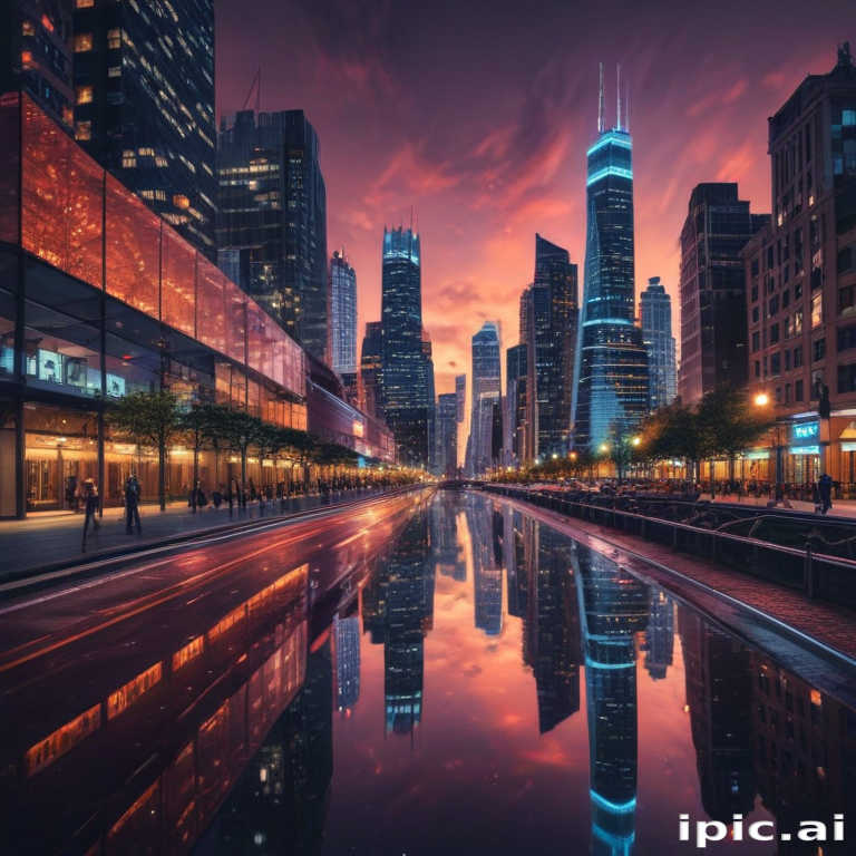 Stunning Cityscape at Dusk with Reflections in a Serene Waterway