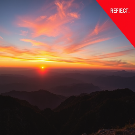 Regenerate the image of a sunset over a mountain range, in vibrant colors, with a wide-angle view using a DSLR camera at ISO 100, f/8 aperture, 1/200 sec shutter speed, and natural lighting for enhanced image quality.
