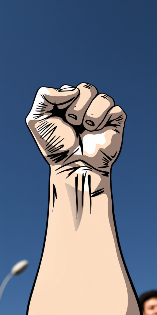 Create a high-resolution image of a stylized raised fist symbolizing strength and resistance, using a digital drawing style, with a focus on sharp lines and bold contrasts, shot from a low angle perspective with high dynamic range, set at 50mm focal length, f/8 aperture, and 1/200 second shutter speed, enhancing colors and clarity.