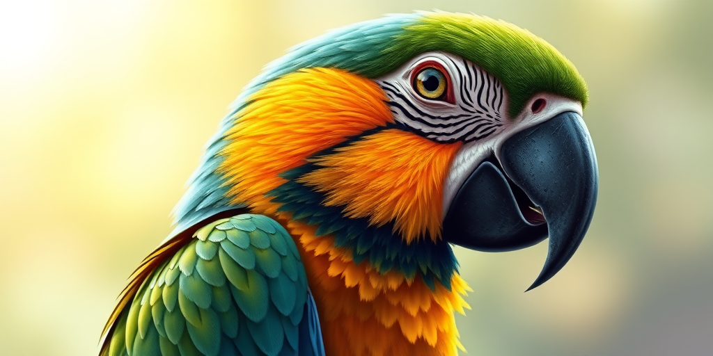 Create a vibrant illustration of a parrot's head, focus on intricate feather details and bright colors, set against a soft, blurred background, use a digital art style with high-resolution rendering, and simulate a DSLR camera with a wide aperture of f/1.8, 50mm lens, ISO 100, and a 1/200s shutter speed to enhance depth of field and clarity.