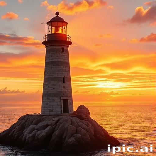 Generate an image of a tall lighthouse perched on a rocky outcrop surrounded by calm ocean waters during a breathtaking sunset. The lighthouse stands sturdy and weathered, its stone surface illuminated by the warm golden light of the setting sun. The sun's rays pass directly through the glass lantern room at the top of the lighthouse, casting a brilliant light across the scene. The sky is painted with vibrant shades of orange, pink, and purple, reflecting off the tranquil sea. The surrounding water shimmers with the same warm hues, creating a serene and majestic atmosphere.
