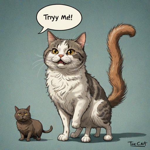 caricature of a silly whimsical fluffy cat with a mean look she has one foot on a sausage and is looking at an old scraggly big dog the cat has a thought bubble above her head that says “try,me"