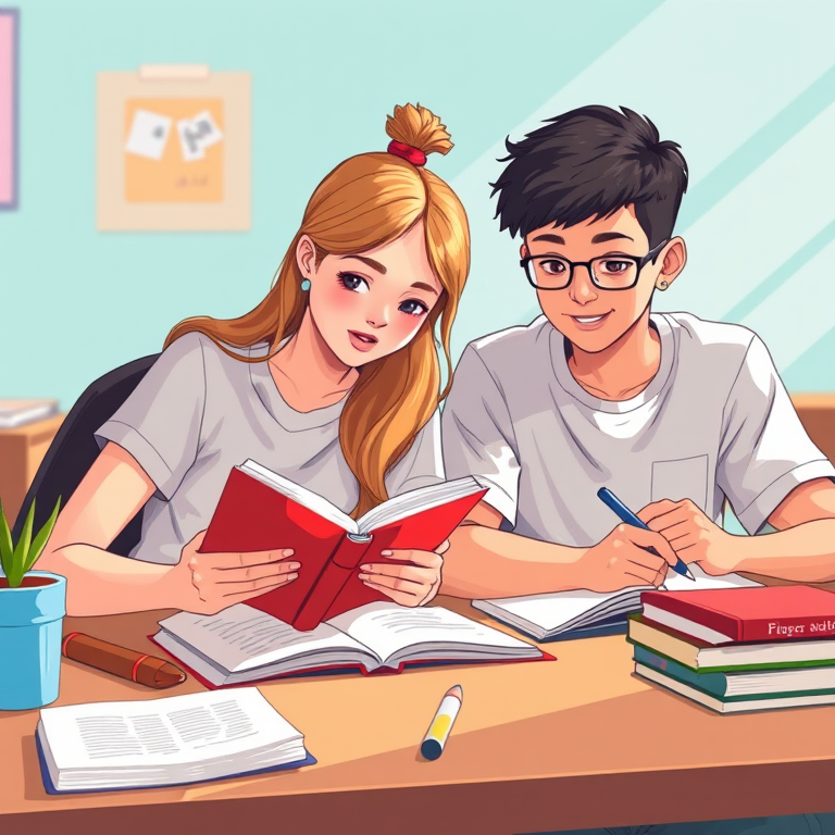 Create a vibrant illustration of two students studying together at a table, with one girl reading a book and a boy taking notes, using a DSLR camera with a 50mm lens, aperture f/1.8, ISO 200, soft natural lighting, and a focus on the expressions of the students to enhance detail and clarity.