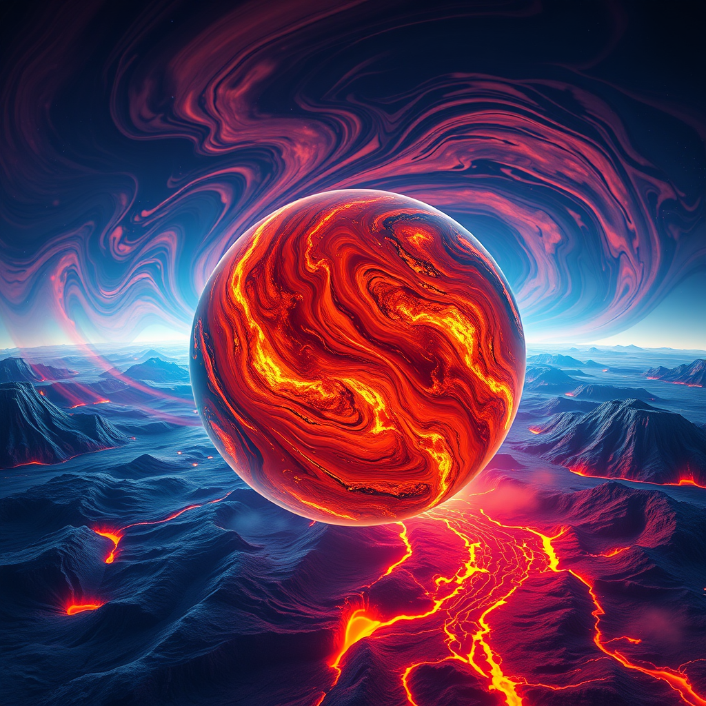 generate a high-resolution image of a planet with swirling textures of fire and ice, featuring dramatic volcanic landscapes, camera settings: f/11, ISO 100, 1/125s, camera view: wide-angle, camera style: hyper-realistic, camera type: digital SLR