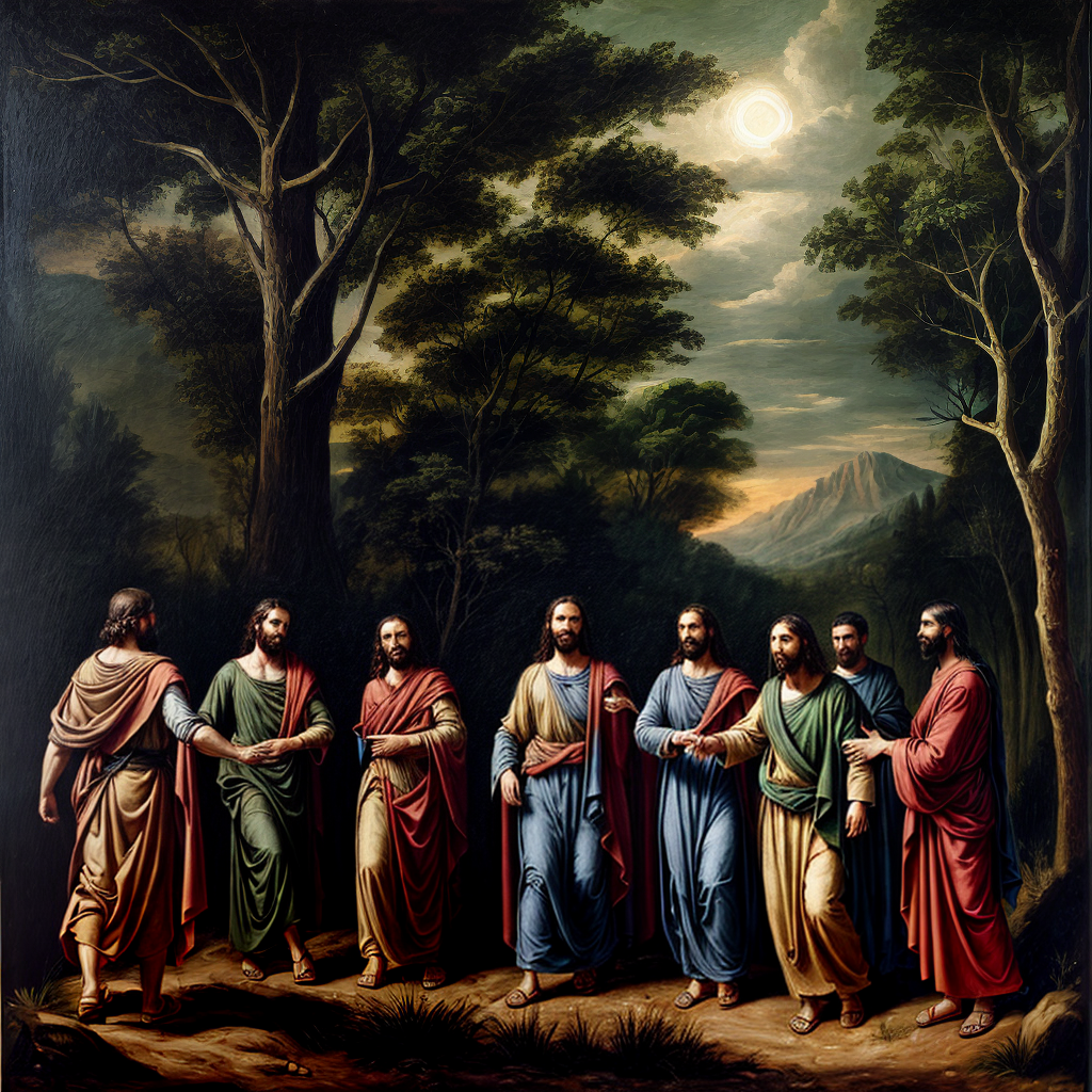 Oil painting of Jesus being arrested by roman soldiers in the forest in the night