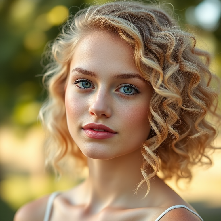 portrait of a young woman with curly blonde hair and natural makeup, soft natural light, shallow depth of field, 50mm lens, aperture f/1.8, ISO 100, DSLR camera, gentle bokeh background