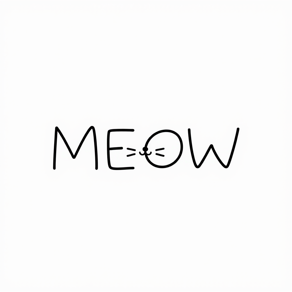 Create an image with a minimalist and cute design featuring the word "MEOW." Use simple black lines on a white background. The letter "M" should resemble a cat's face with ears and whiskers, and the letter "W" should also resemble an upside-down cat face. Add small blush marks on the cheeks of the cat faces for a charming touch.
