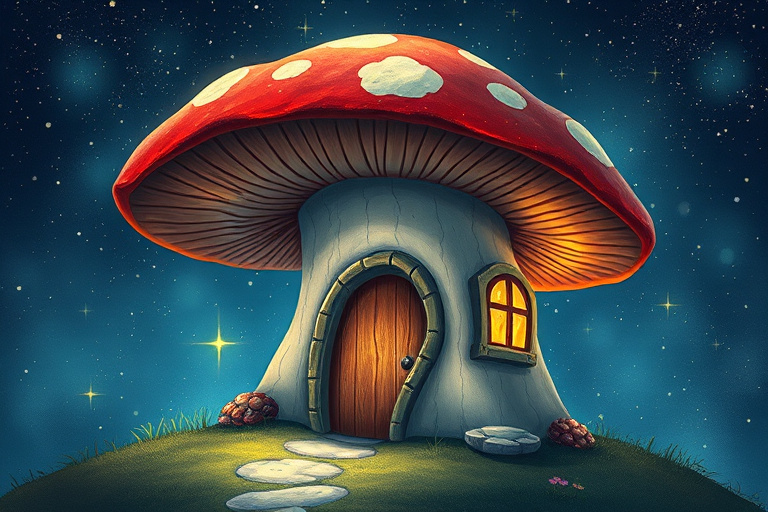 imagine illustration of a mushroom house with a door and a window, a storybook , fantasy art, mushroom house, bg starry sky, sparkles