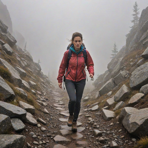 Foggy mountain trail, with dense mist obscuring the peak, a woman in hiking boots and a windbreaker navigates the rocky path, her determination evident in her focused expression.