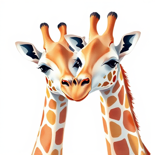 Create a digital illustration of two stylized giraffes with elongated necks, using soft pastel colors and fluid lines, captured in a close-up view with a watercolor effect, using a Canon EOS R with an aperture of f/2.8, ISO 100, and a 50mm lens.
