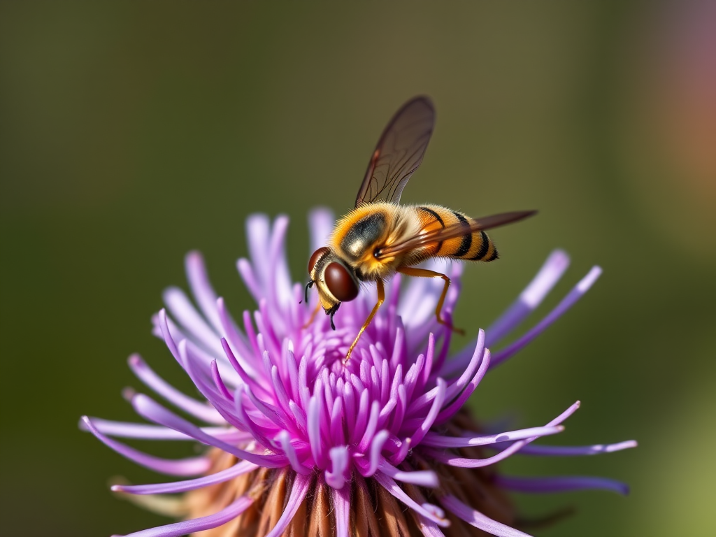 macro shot of a yellow hoverfly feeding on a purple thistle flower, f/2.8, 1/400s, ISO 100, shot with a Canon EOS 5D Mark IV, 100mm macro lens, soft focus background for depth, natural lighting